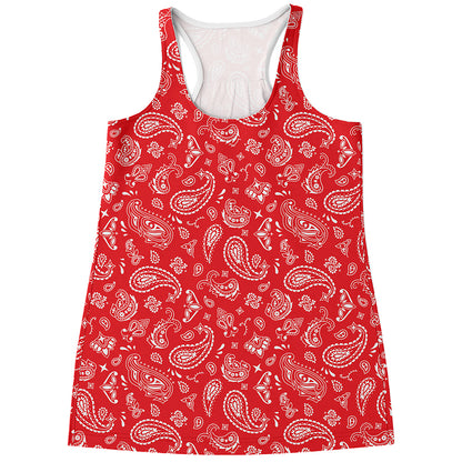 Red Paisley Bandana Pattern Print Women's Racerback Tank Top
