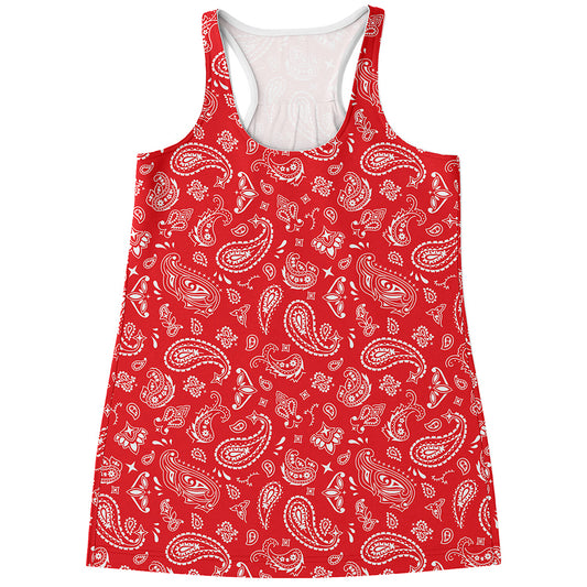Red Paisley Bandana Pattern Print Women's Racerback Tank Top