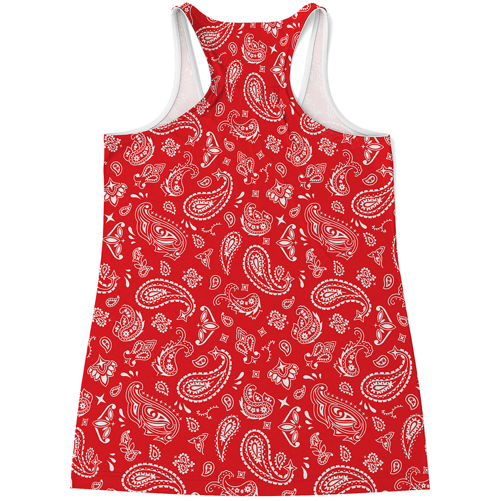 Red Paisley Bandana Pattern Print Women's Racerback Tank Top