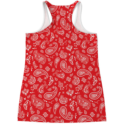 Red Paisley Bandana Pattern Print Women's Racerback Tank Top