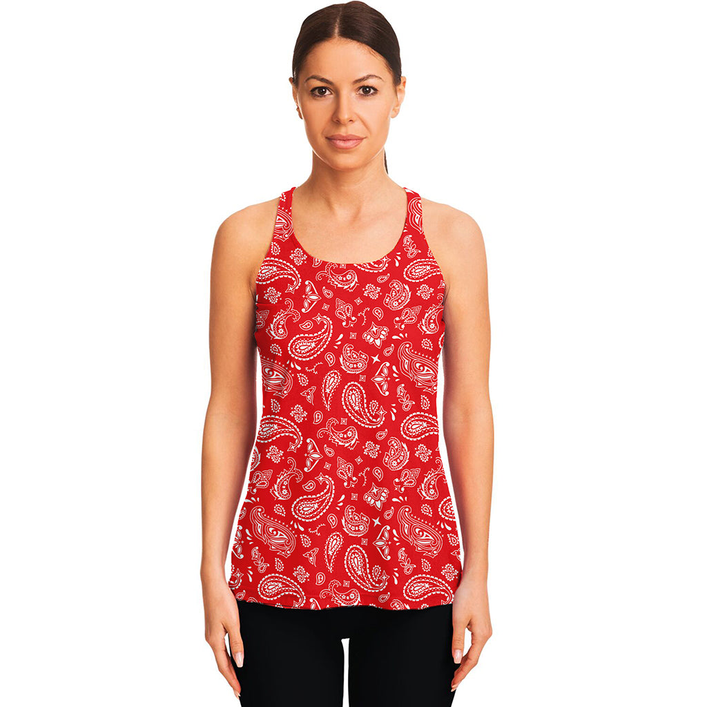 Red Paisley Bandana Pattern Print Women's Racerback Tank Top