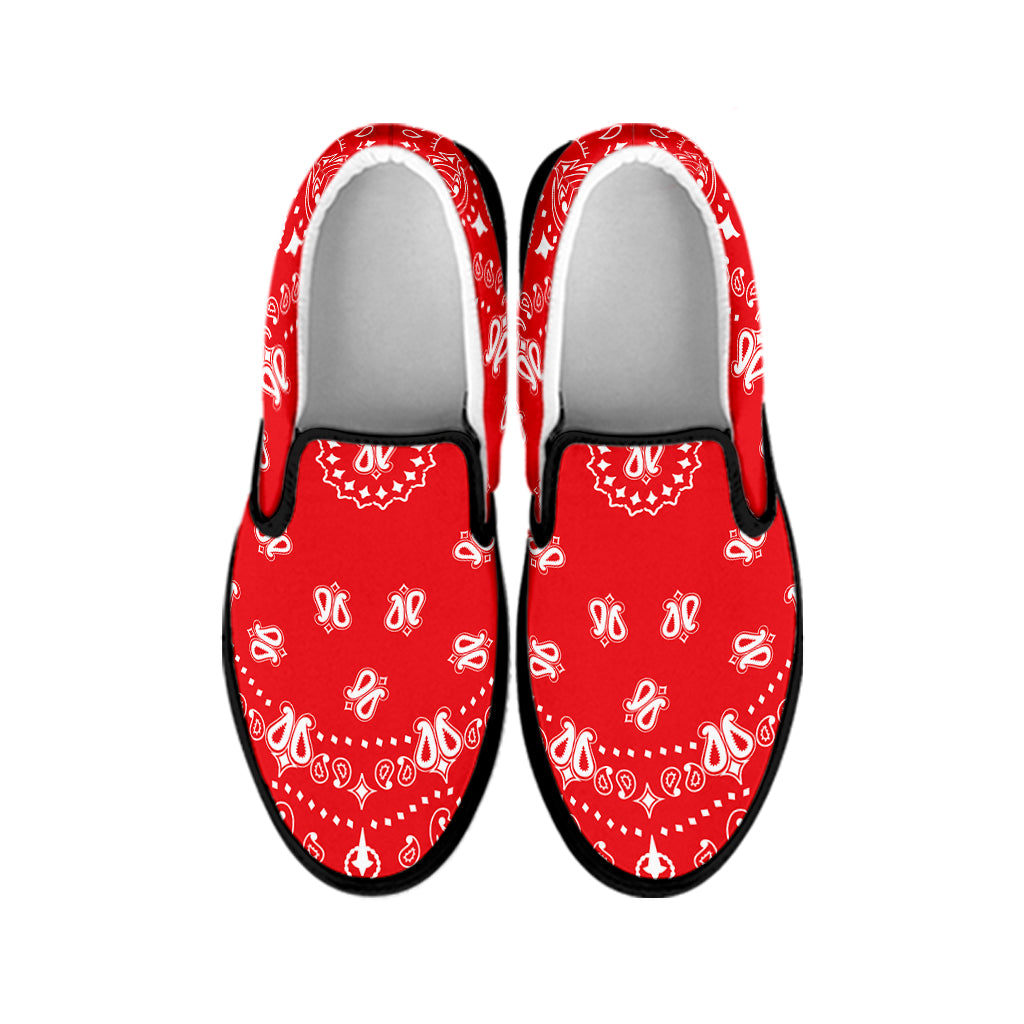 Red Paisley Bandana Print Black Slip On Shoes