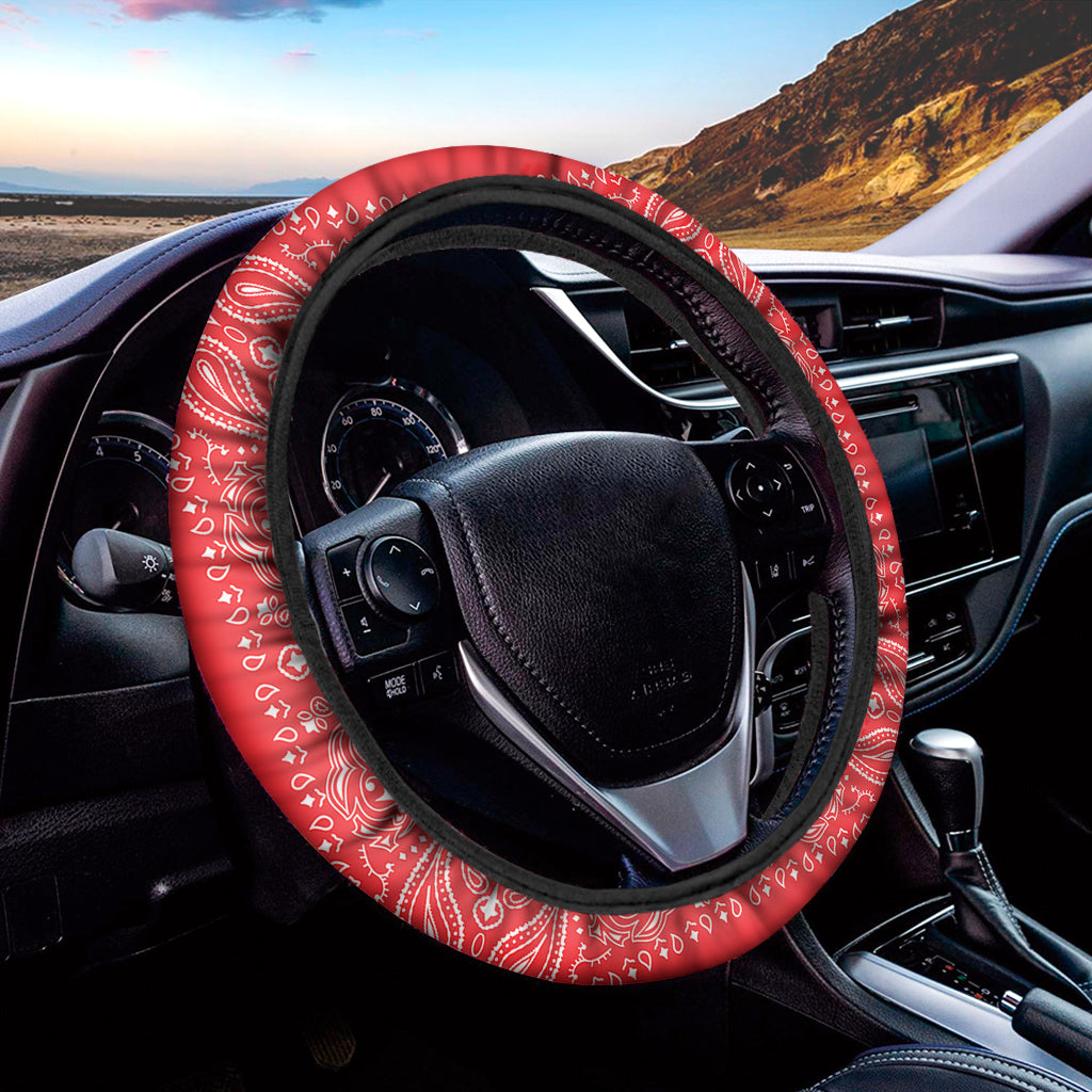Red Paisley Bandana Print Car Steering Wheel Cover