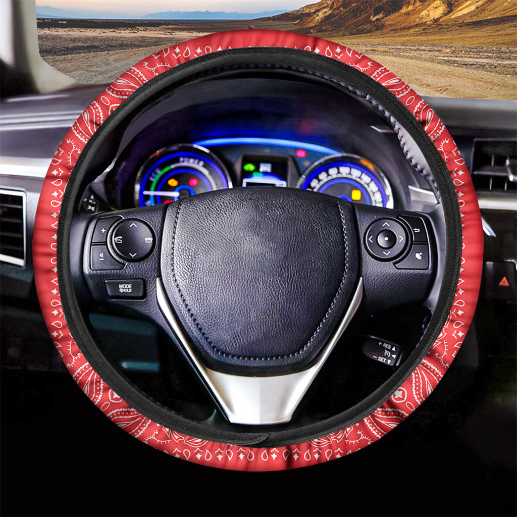 Red Paisley Bandana Print Car Steering Wheel Cover