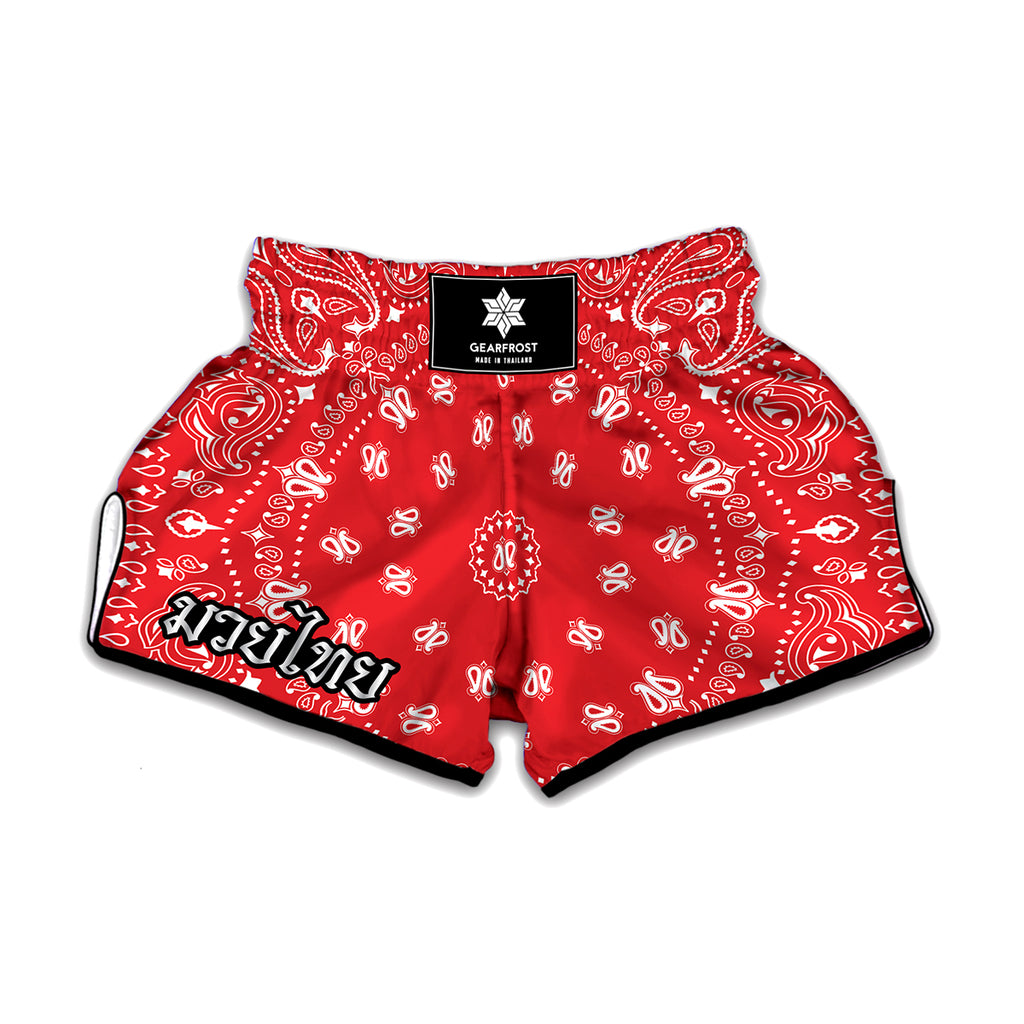 Red Paisley Bandana Print Muay Thai Boxing Shorts