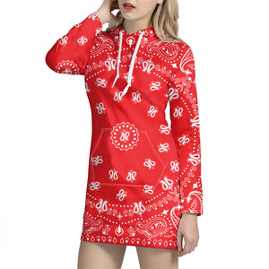 Red Paisley Bandana Print Pullover Hoodie Dress