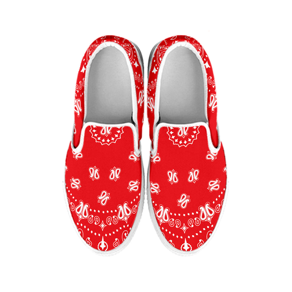 Red Paisley Bandana Print White Slip On Shoes
