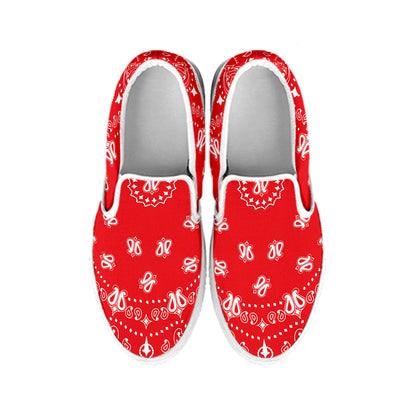 Red Paisley Bandana Print White Slip On Shoes