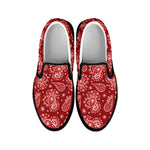 Red Paisley Pattern Print Black Slip On Shoes