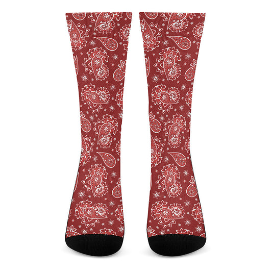 Red Paisley Pattern Print Crew Socks