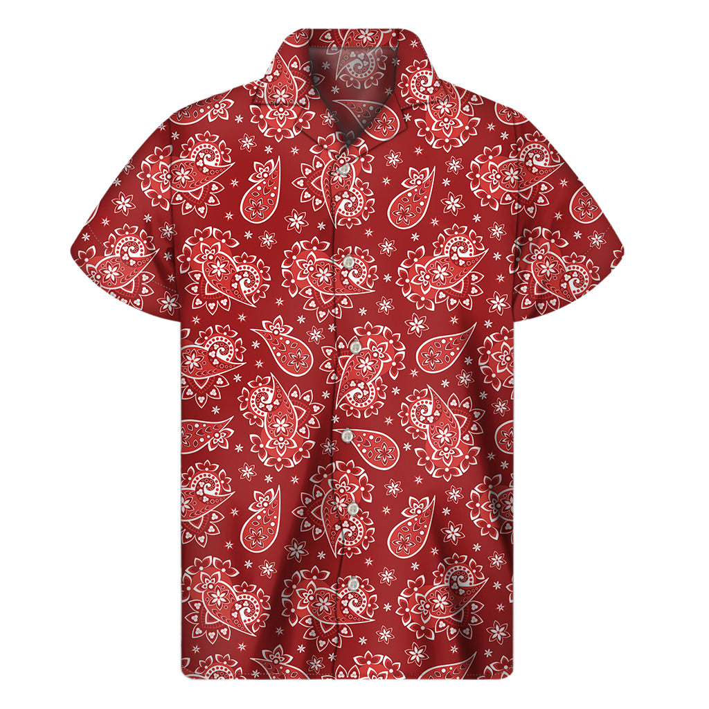 Red Paisley Pattern Print Men's Short Sleeve Shirt