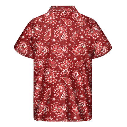 Red Paisley Pattern Print Men's Short Sleeve Shirt
