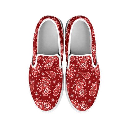 Red Paisley Pattern Print White Slip On Shoes
