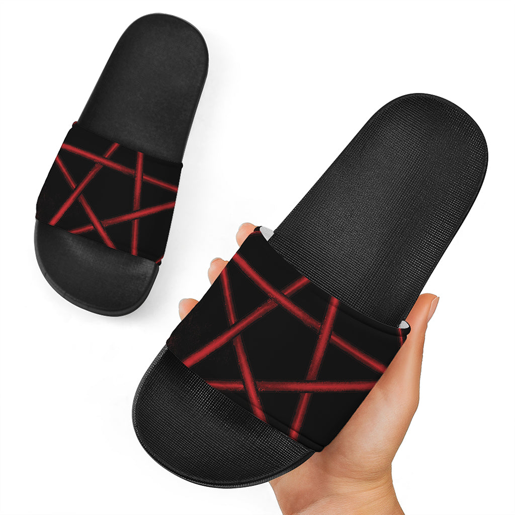 Red Pentagram Symbol Print Black Slide Sandals