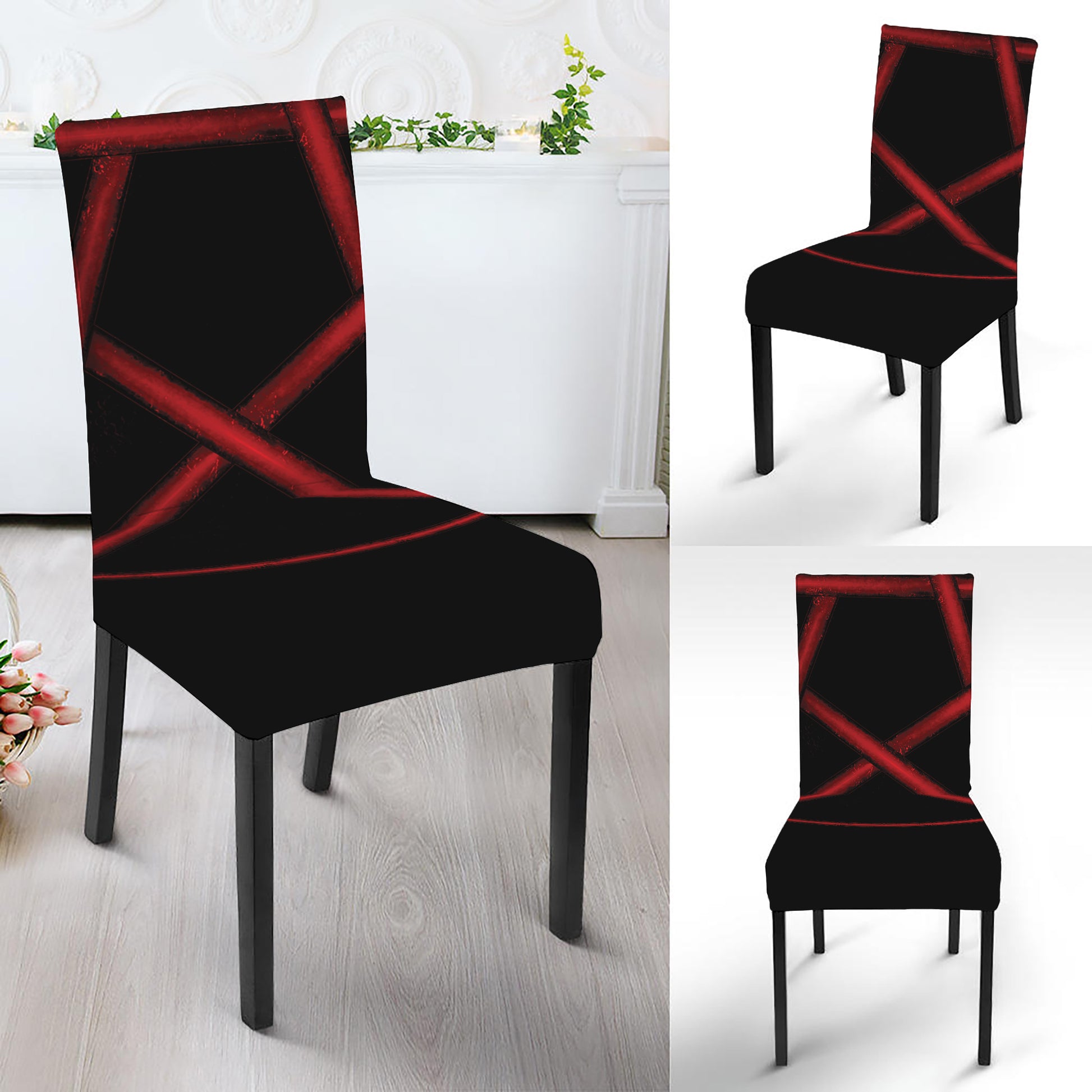 Red Pentagram Symbol Print Dining Chair Slipcover