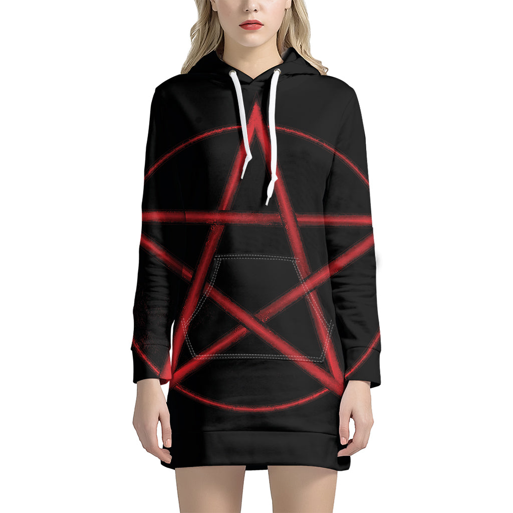 Red Pentagram Symbol Print Pullover Hoodie Dress