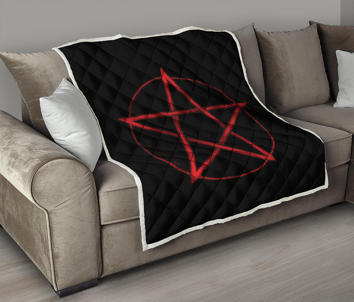 Red Pentagram Symbol Print Quilt