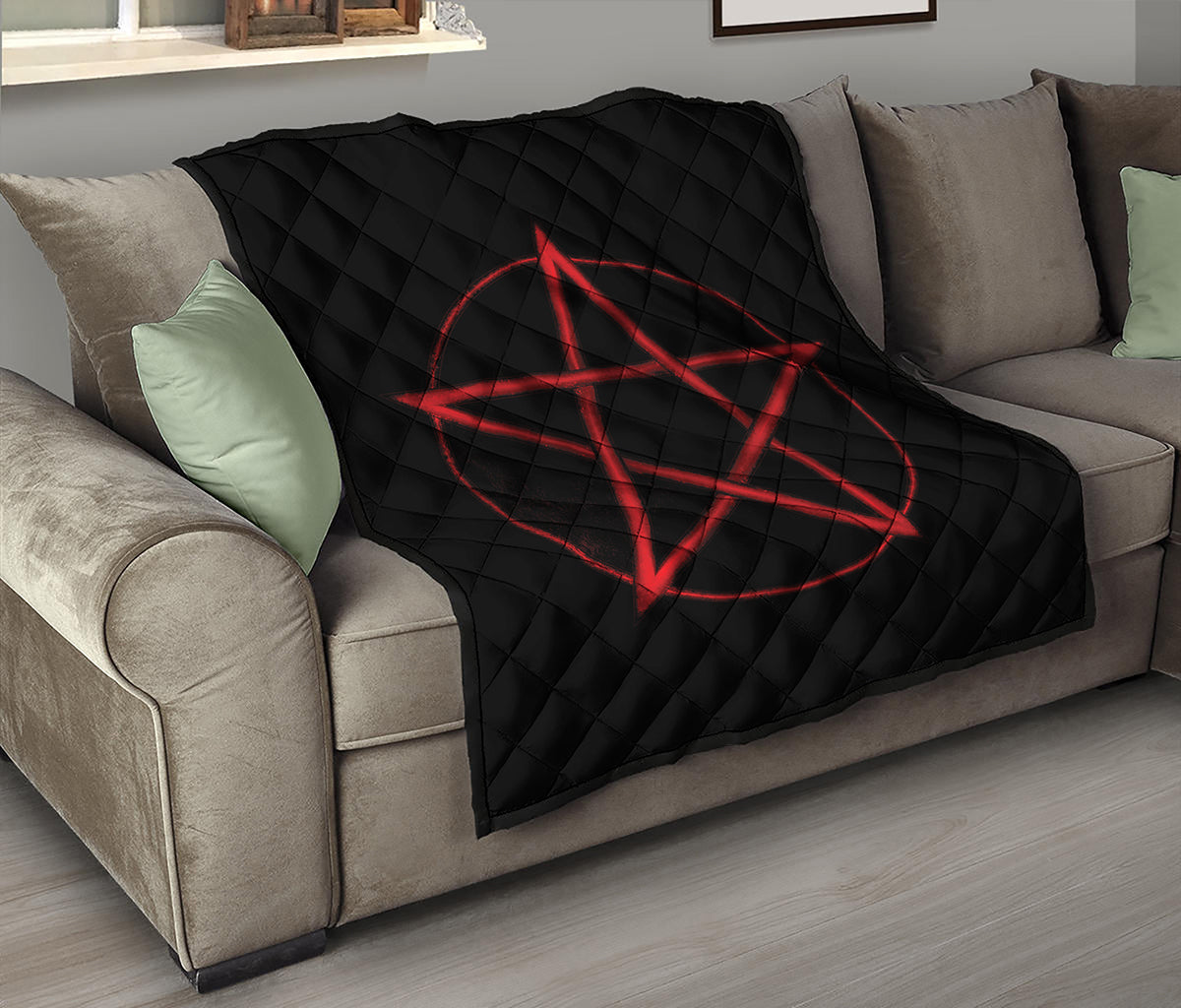 Red Pentagram Symbol Print Quilt