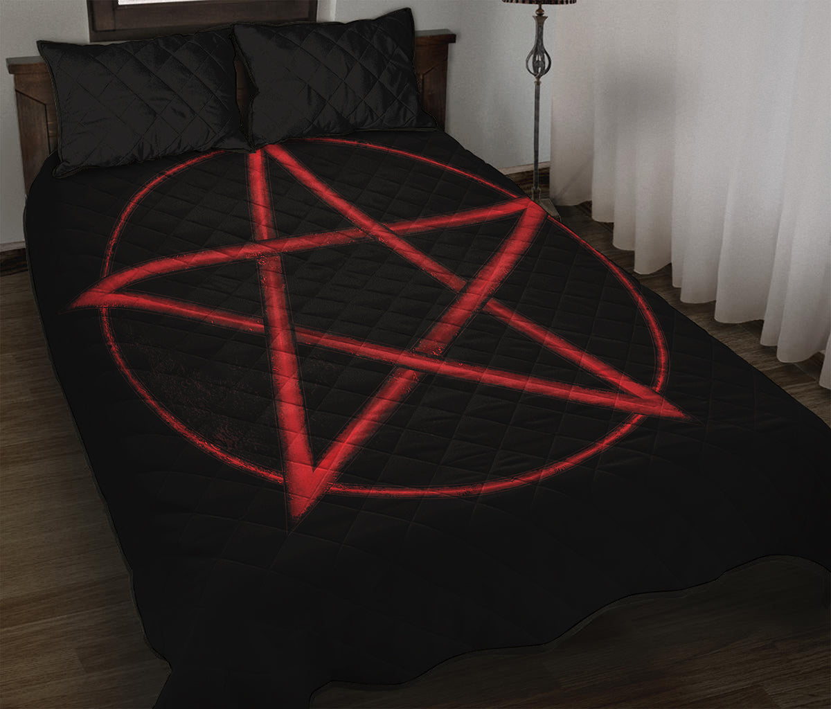 Red Pentagram Symbol Print Quilt Bed Set