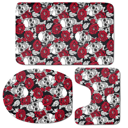 Red Peony Skull Pattern Print 3 Piece Bath Mat Set