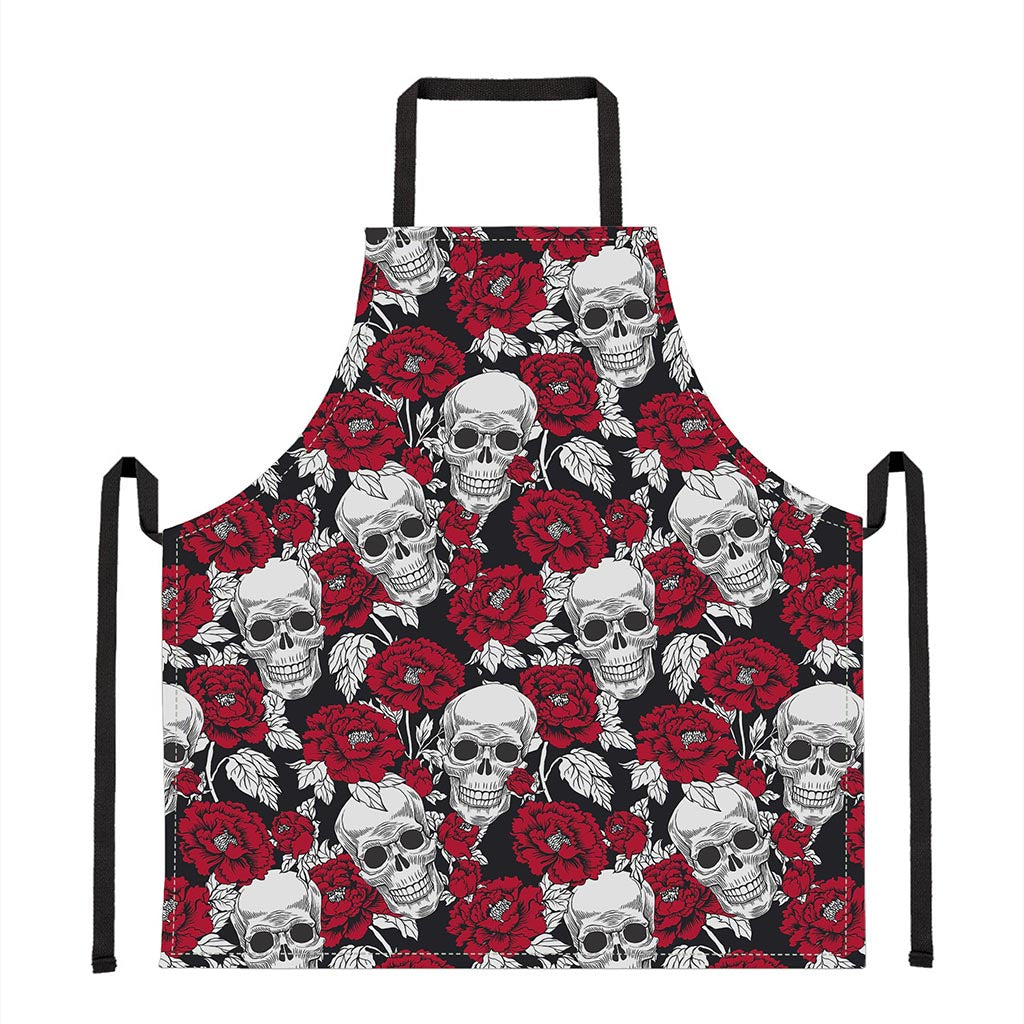 Red Peony Skull Pattern Print Apron