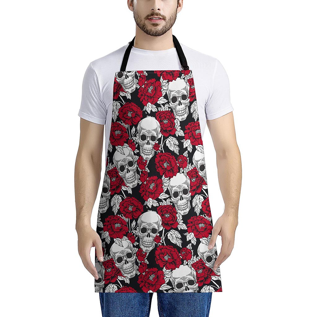 Red Peony Skull Pattern Print Apron