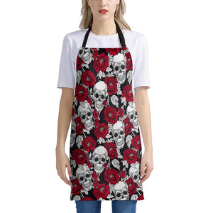 Red Peony Skull Pattern Print Apron