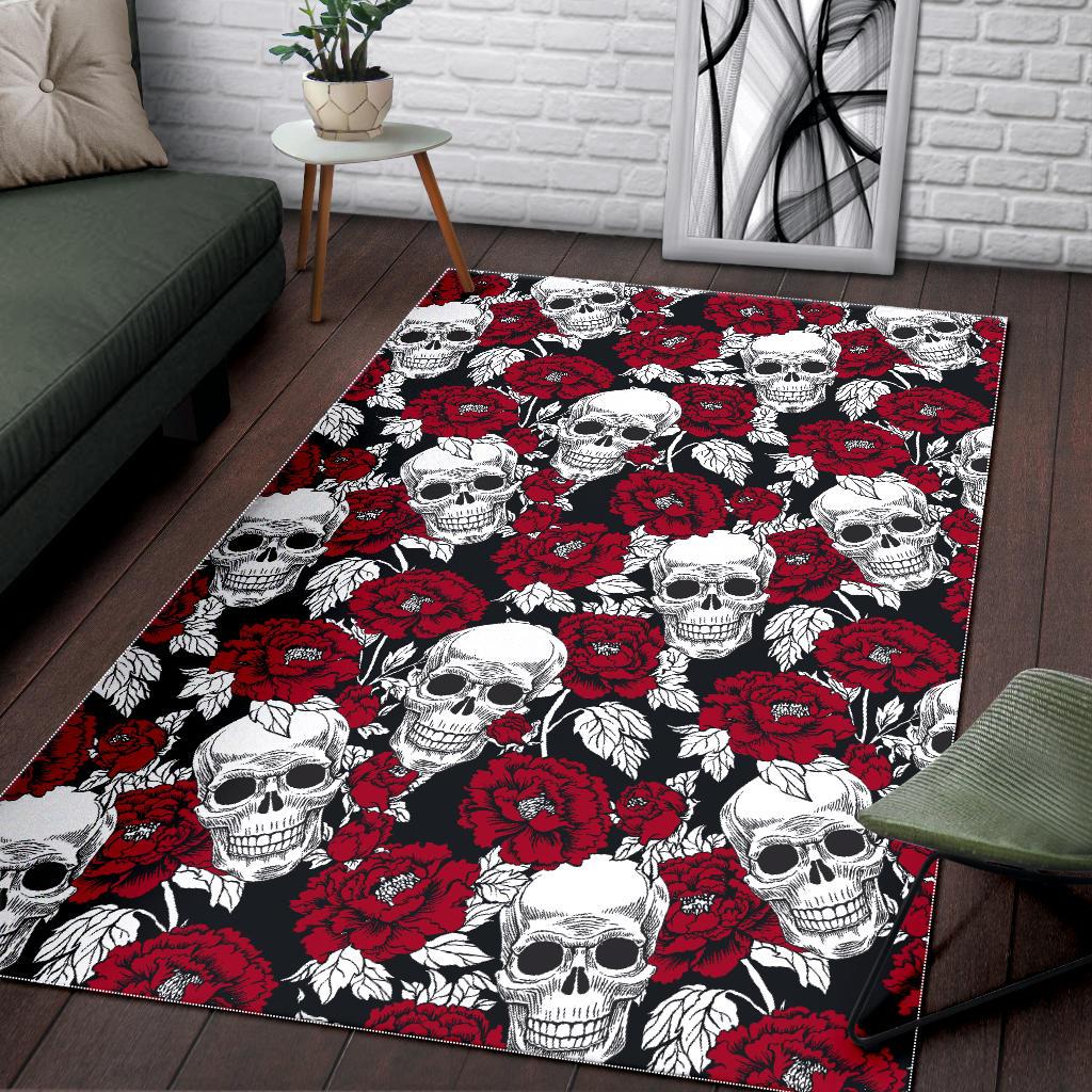 Red Peony Skull Pattern Print Area Rug GearFrost