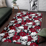Red Peony Skull Pattern Print Area Rug GearFrost