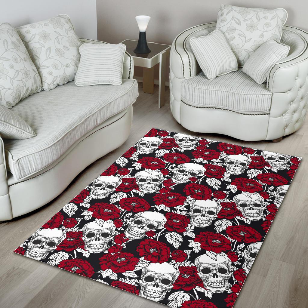 Red Peony Skull Pattern Print Area Rug GearFrost