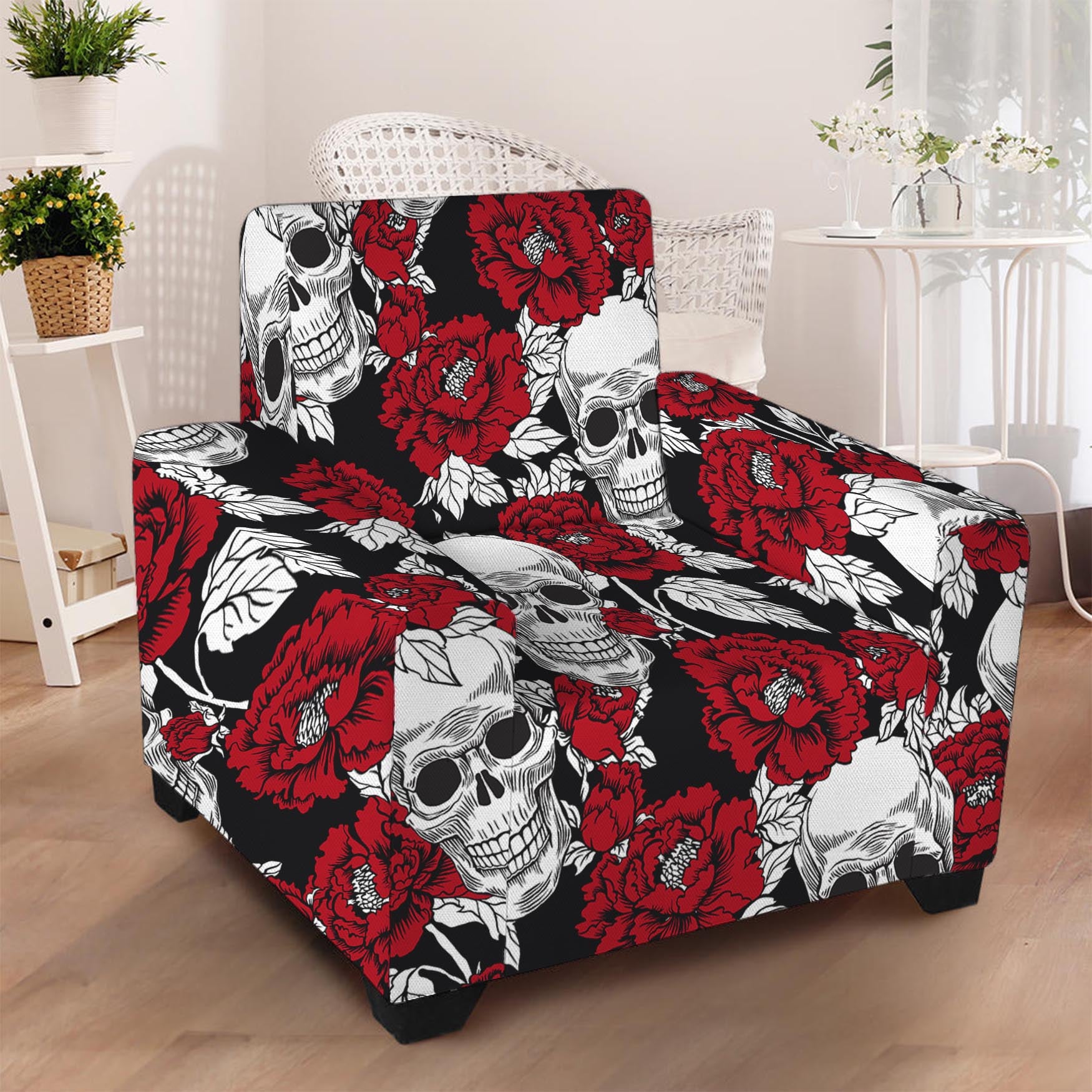 Red Peony Skull Pattern Print Armchair Slipcover