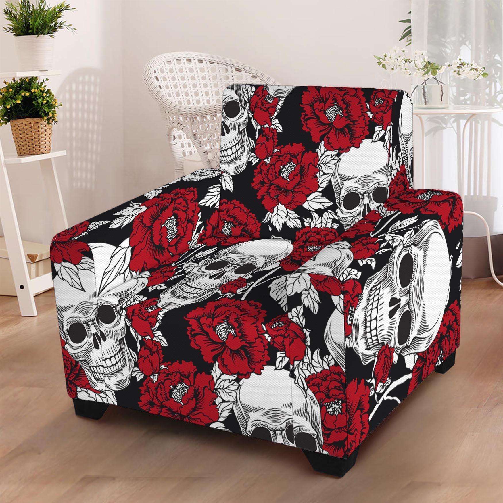 Red Peony Skull Pattern Print Armchair Slipcover