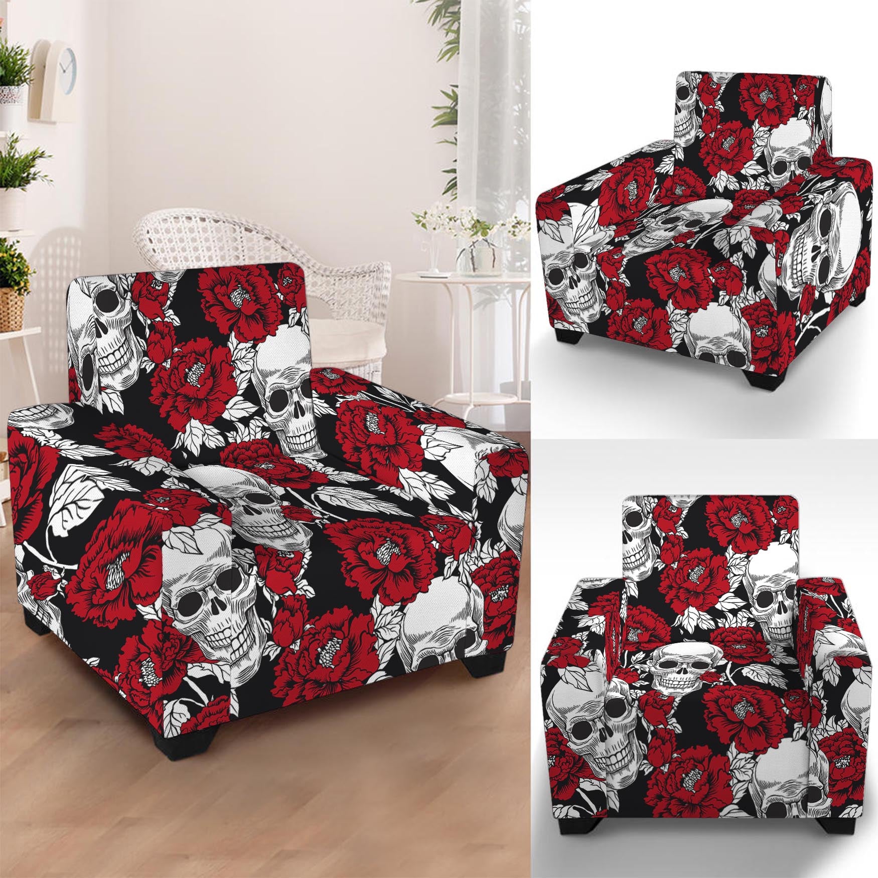 Red Peony Skull Pattern Print Armchair Slipcover