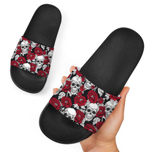Red Peony Skull Pattern Print Black Slide Sandals