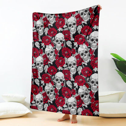 Red Peony Skull Pattern Print Blanket