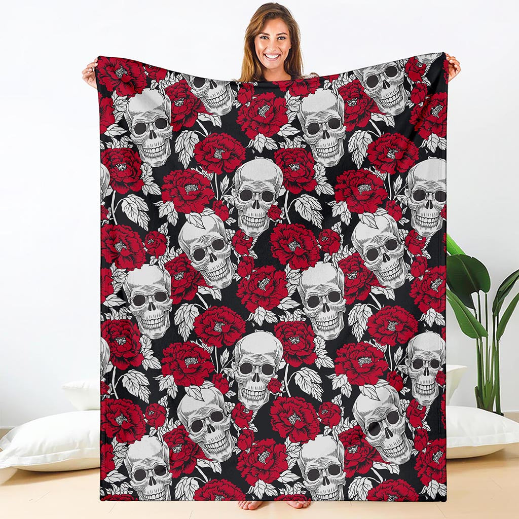 Red Peony Skull Pattern Print Blanket
