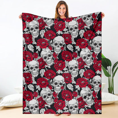 Red Peony Skull Pattern Print Blanket