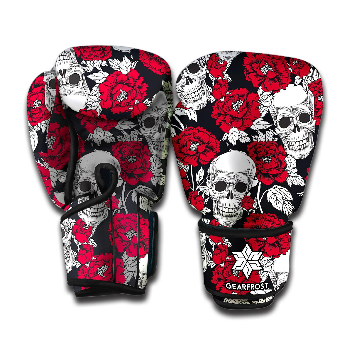 Red Peony Skull Pattern Print Boxing Gloves