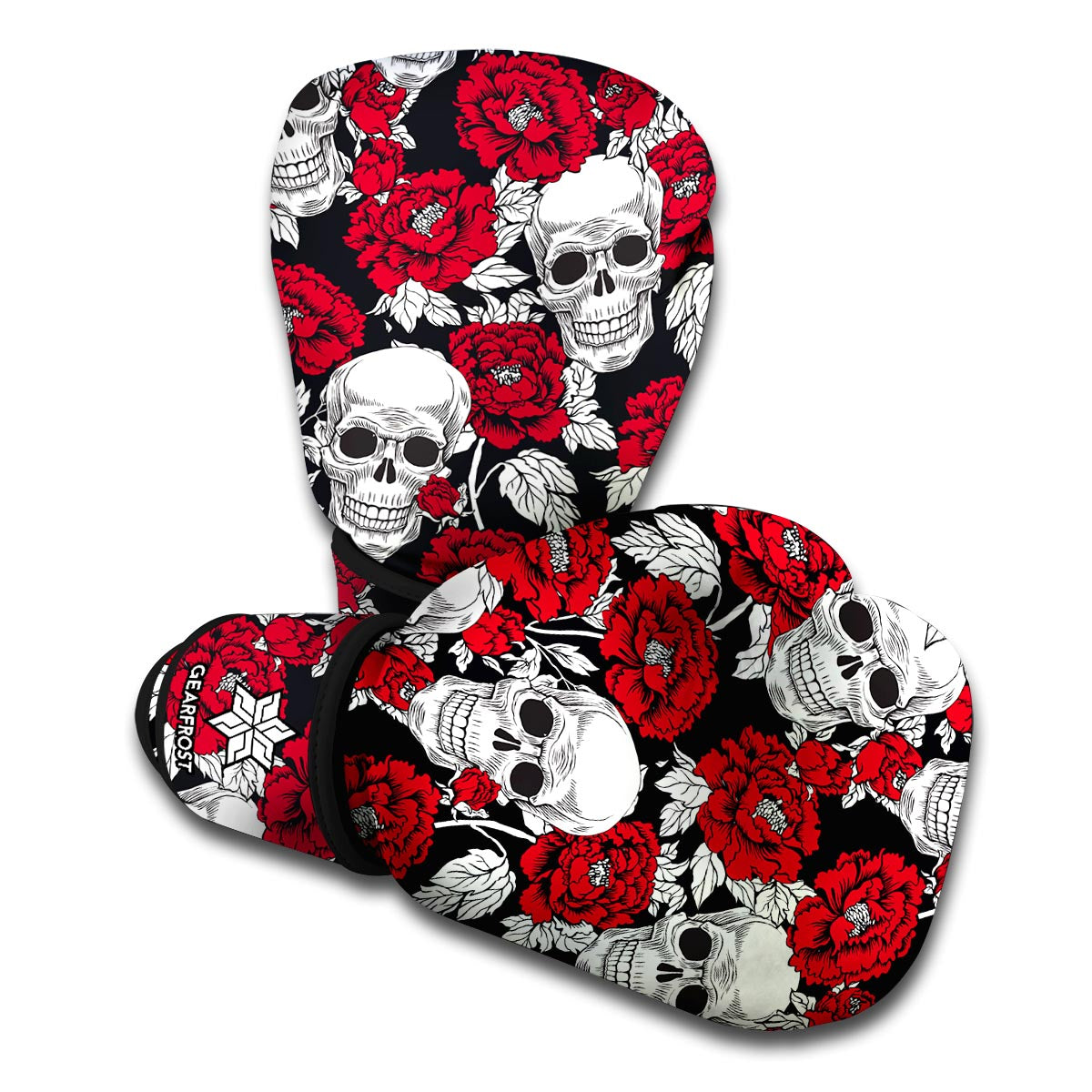 Red Peony Skull Pattern Print Boxing Gloves