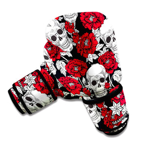 Red Peony Skull Pattern Print Boxing Gloves