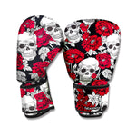 Red Peony Skull Pattern Print Boxing Gloves