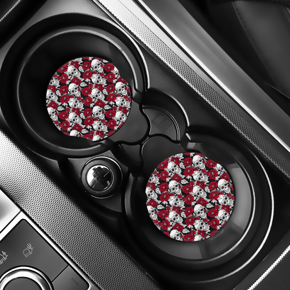 Red Peony Skull Pattern Print Car Coasters