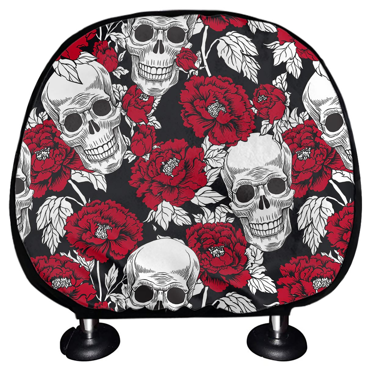 Red Peony Skull Pattern Print Car Headrest Covers