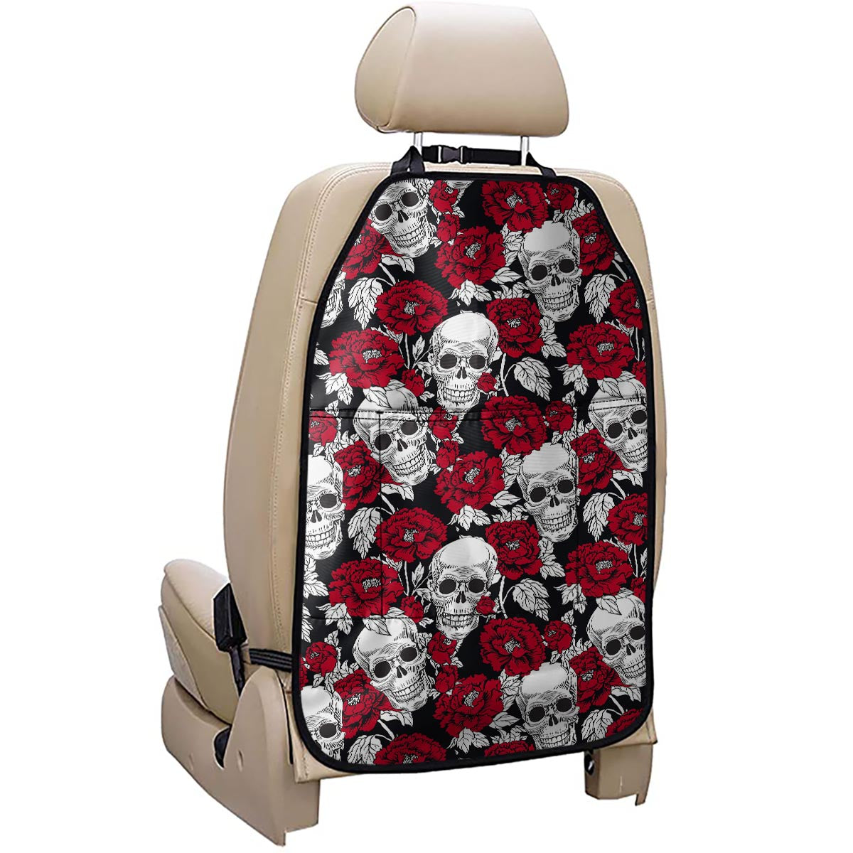 Red Peony Skull Pattern Print Car Seat Organizers