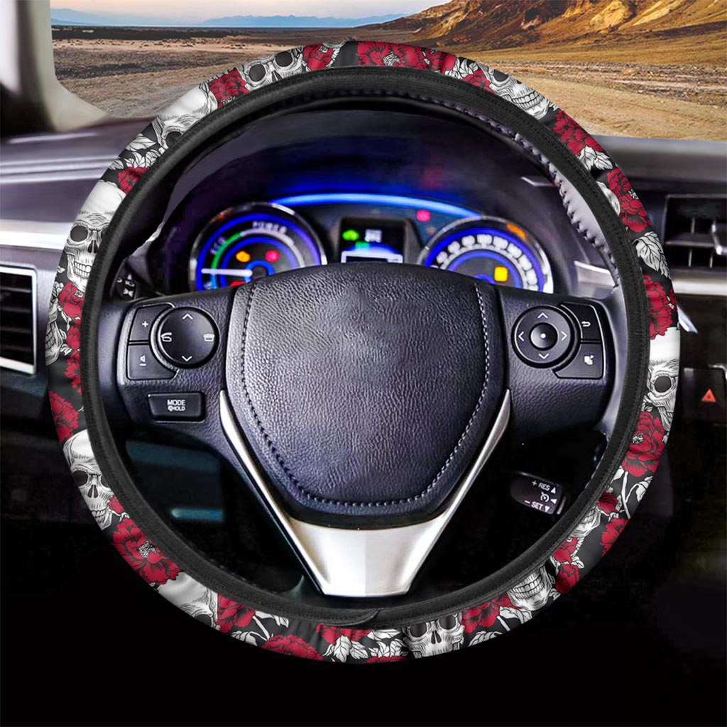 Red Peony Skull Pattern Print Car Steering Wheel Cover