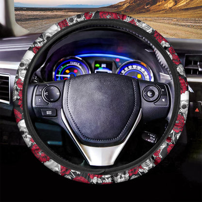 Red Peony Skull Pattern Print Car Steering Wheel Cover