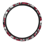 Red Peony Skull Pattern Print Car Steering Wheel Cover