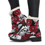 Red Peony Skull Pattern Print Comfy Boots GearFrost