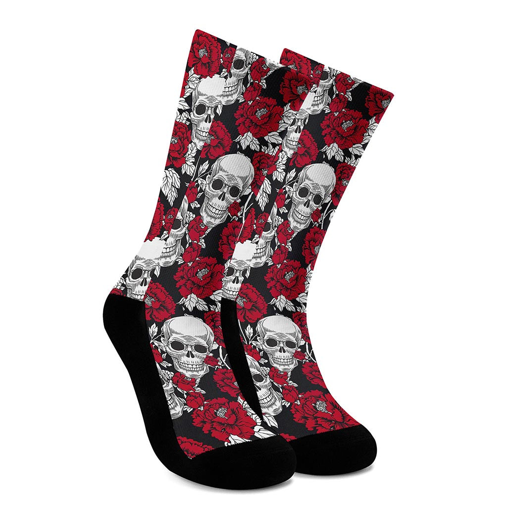 Red Peony Skull Pattern Print Crew Socks