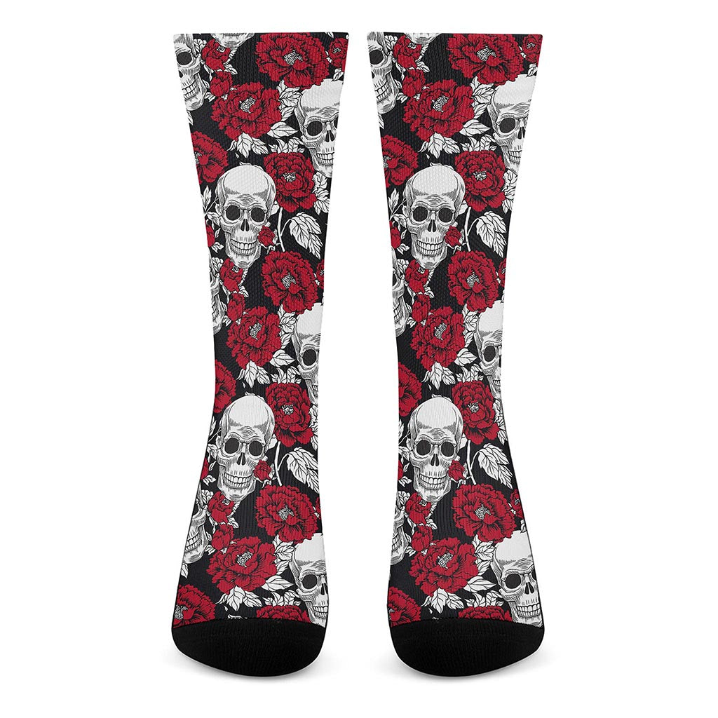 Red Peony Skull Pattern Print Crew Socks